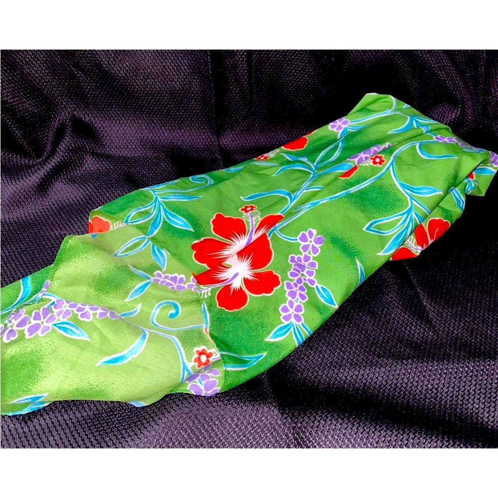Roundy Bay Tropical scarf floral; Green with Red & Purple Flowers 52” x 42”